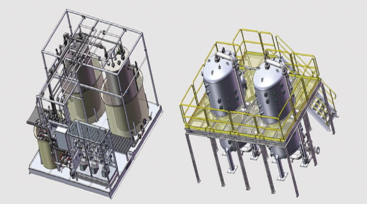 Two modular processing systems with cylindrical tanks and pipes