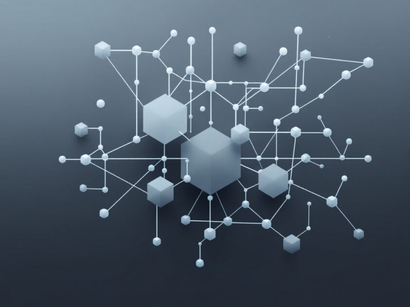 A clean, minimalist image depicting a network of interconnected geometric shapes in muted tones representing multi-agent systems.