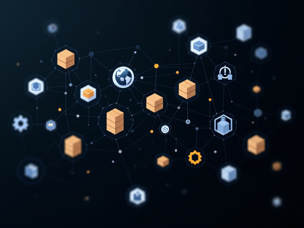 A minimalist illustration of interconnected geometric shapes representing multi-agent systems in logistics.