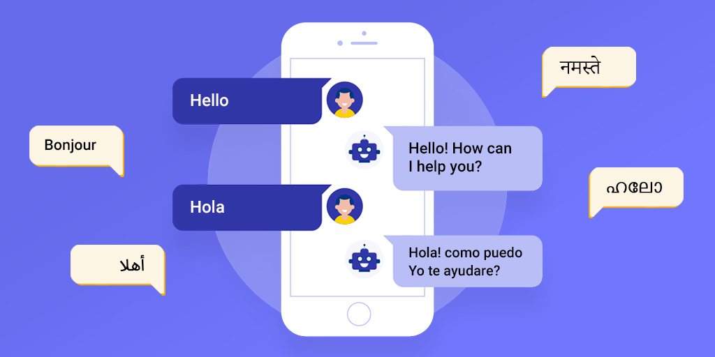 Smartphone displaying a multilingual chatbot interface with greetings.