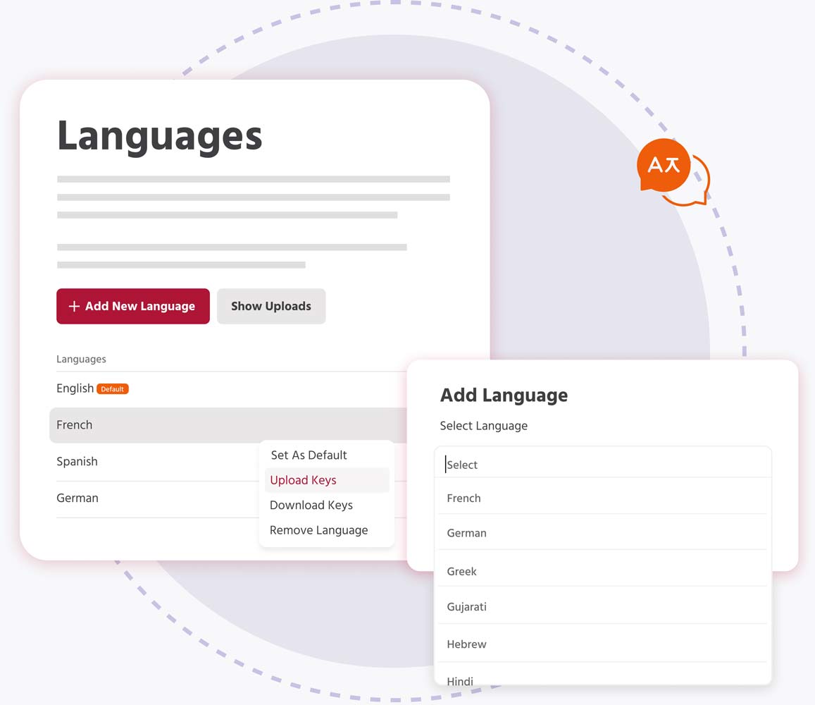 User interface for managing multilingual support with languages listed