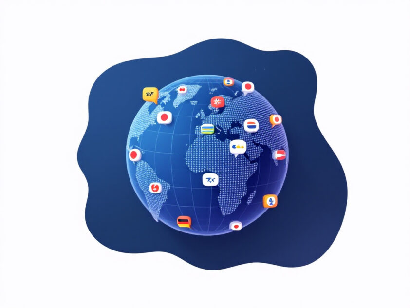 A modern illustration of a globe with language symbols, symbolizing multilingual AI communication.