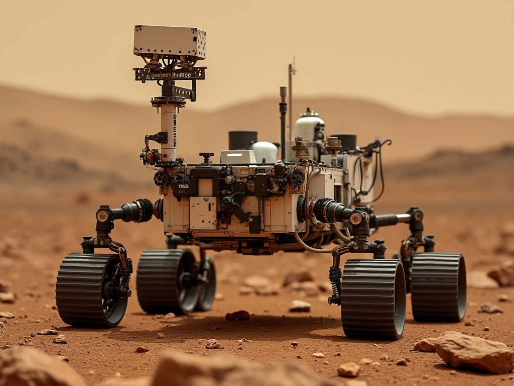 Robotic vehicle Perseverance Rover exploring the reddish landscape of Mars.