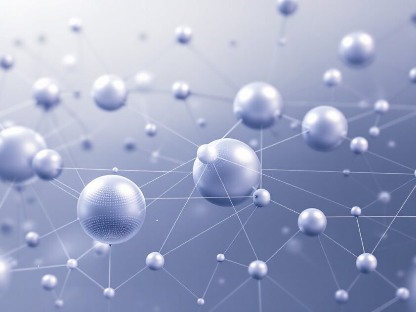 Minimalist illustration of interconnected geometric shapes representing AI communication.