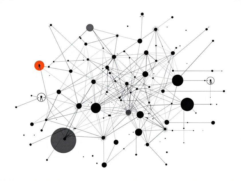 A minimalist illustration of interconnected geometric shapes and lines representing complex interactions in a dynamic system.