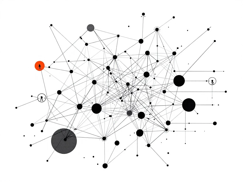 A minimalist illustration of interconnected geometric shapes and lines representing complex interactions in a dynamic system.