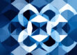 Overlapping geometric shapes in shades of blue, grey, and white, arranged in a clean, minimalist composition.
