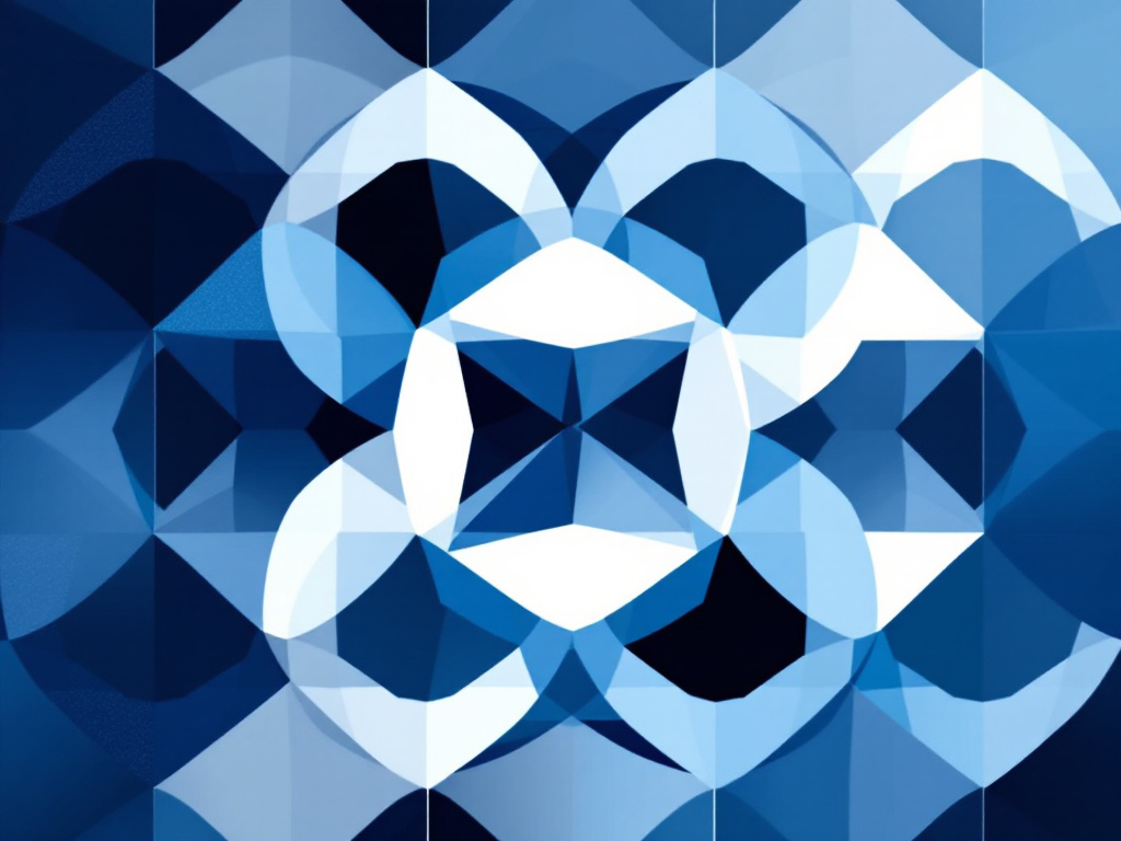 Overlapping geometric shapes in shades of blue, grey, and white, arranged in a clean, minimalist composition.