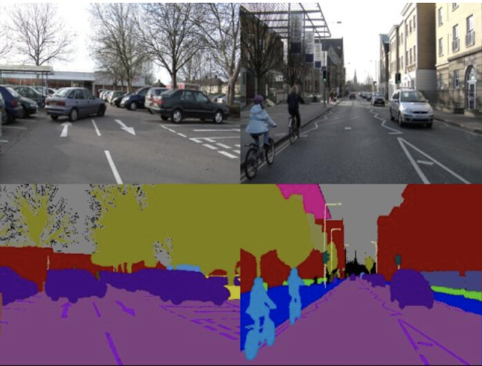 Overview of a parking area with cyclists and segmented elements.