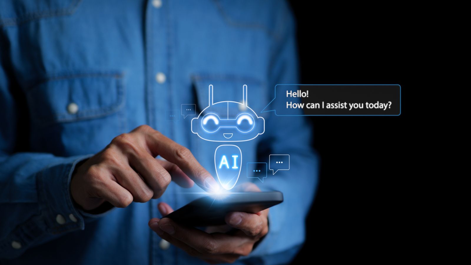 A person in a blue shirt using a smartphone with a robot assistant.