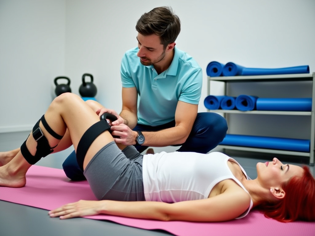 A young woman with red hair receiving physical therapy on a mat.