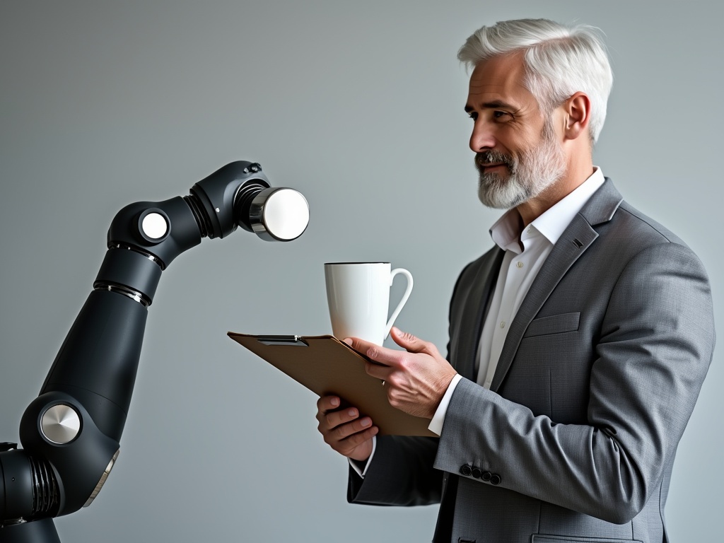 A mature man in a grey suit interacting with a robotic arm.