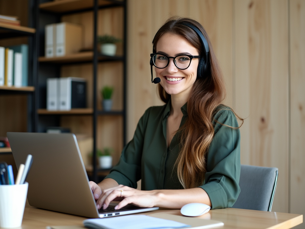 A woman in a green blouse and headset using a laptop at a desk.