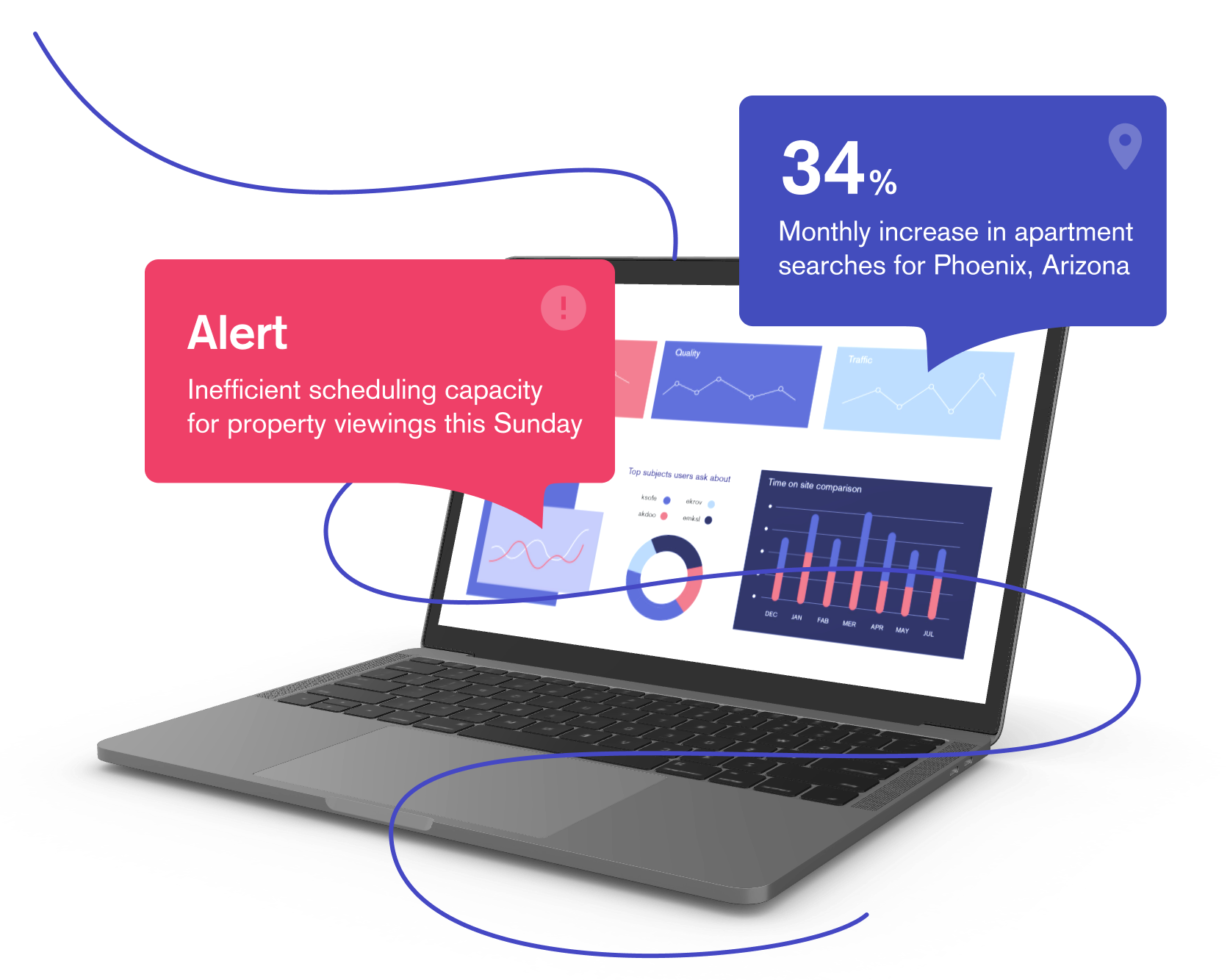 A laptop showing scheduling capacity and apartment search statistics.