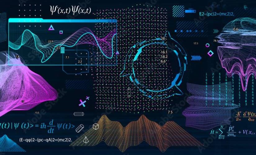 Colorful graphs and equations in quantum mechanics and AI.