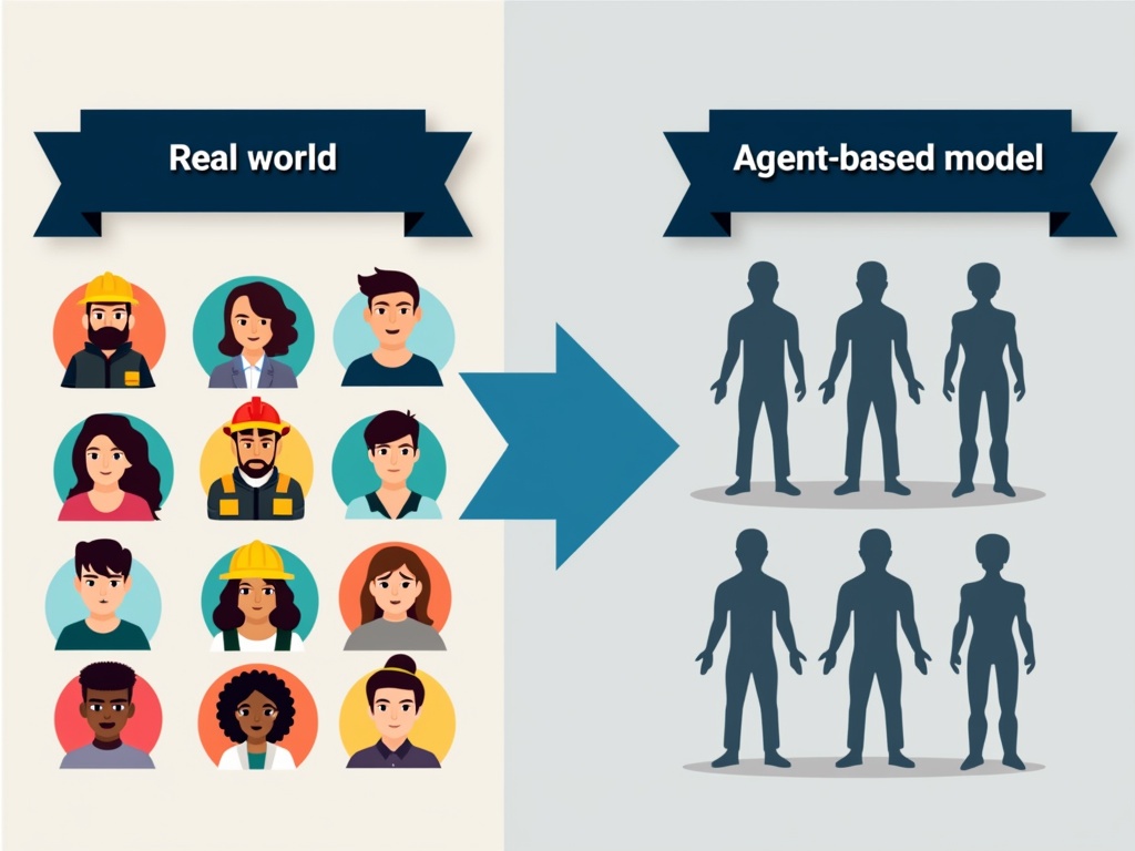 A comparison of diverse human figures and simplified agent-based models.