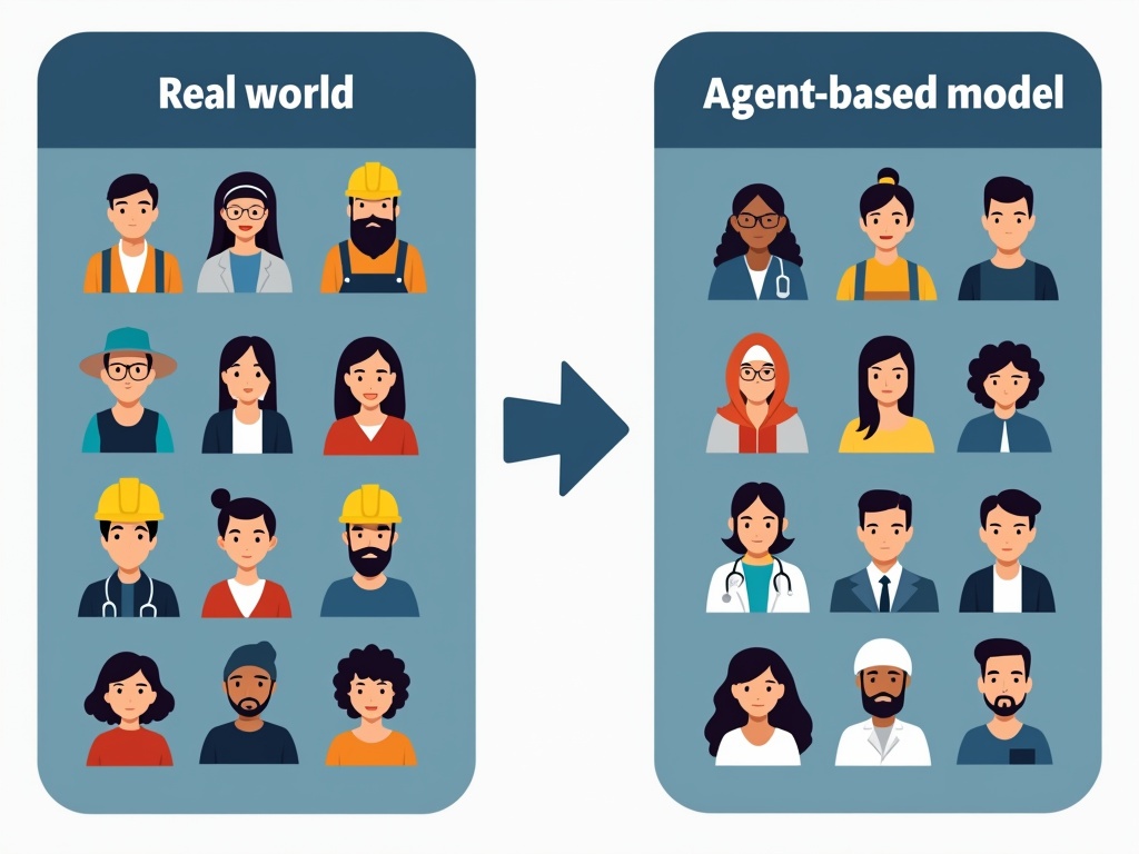 A graphic showing diverse human figures on the left and a simplified model on the right.