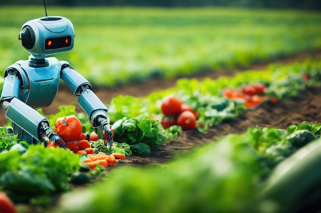 A humanoid robot picking vegetables in a green field.