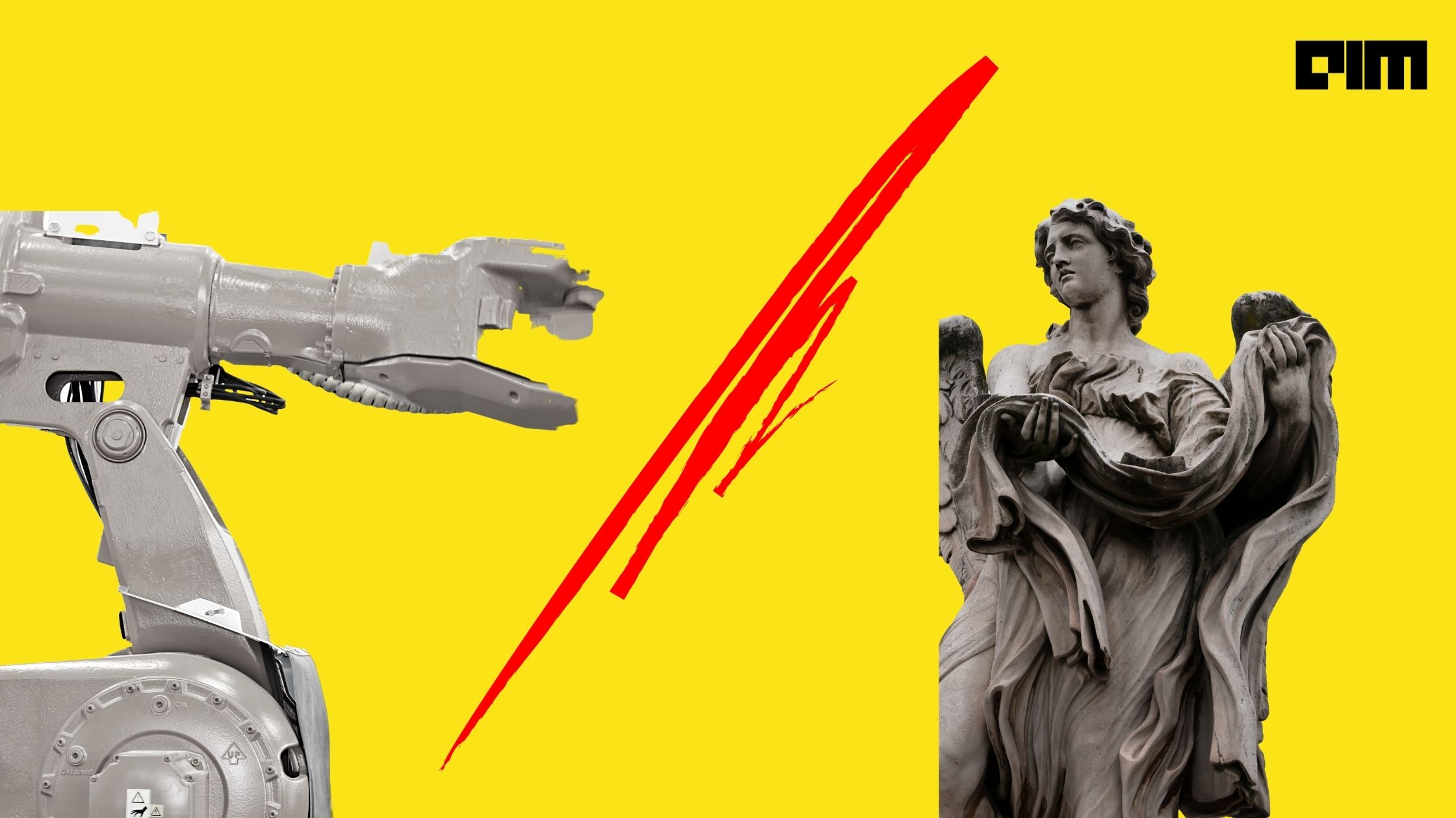 A robotic arm and classical statue on a bright yellow background