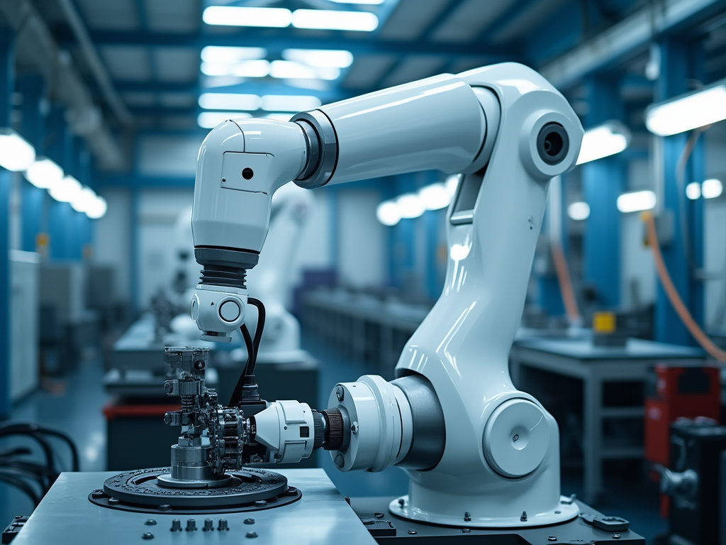 A robotic arm alongside a vertical assembly line in a factory.