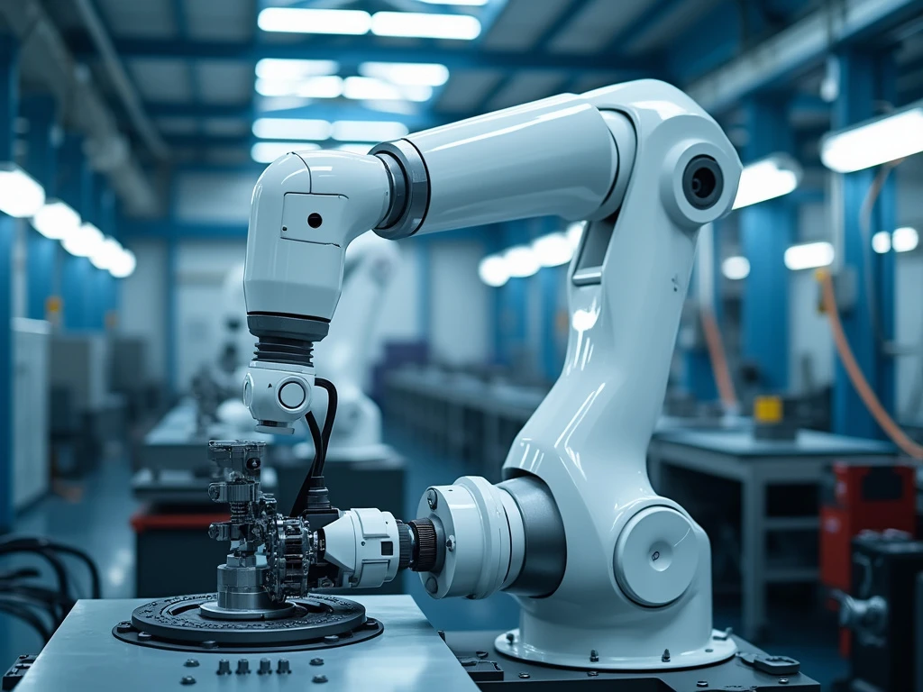 A robotic arm alongside a vertical assembly line in a factory.