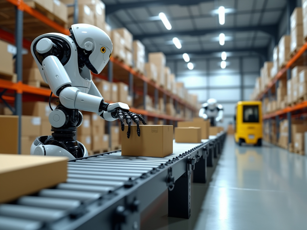 A robotic arm lifting a cardboard box from a conveyor belt in a warehouse.