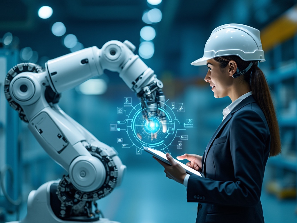 A robotic arm interacts with a woman holding a tablet in a digital space.