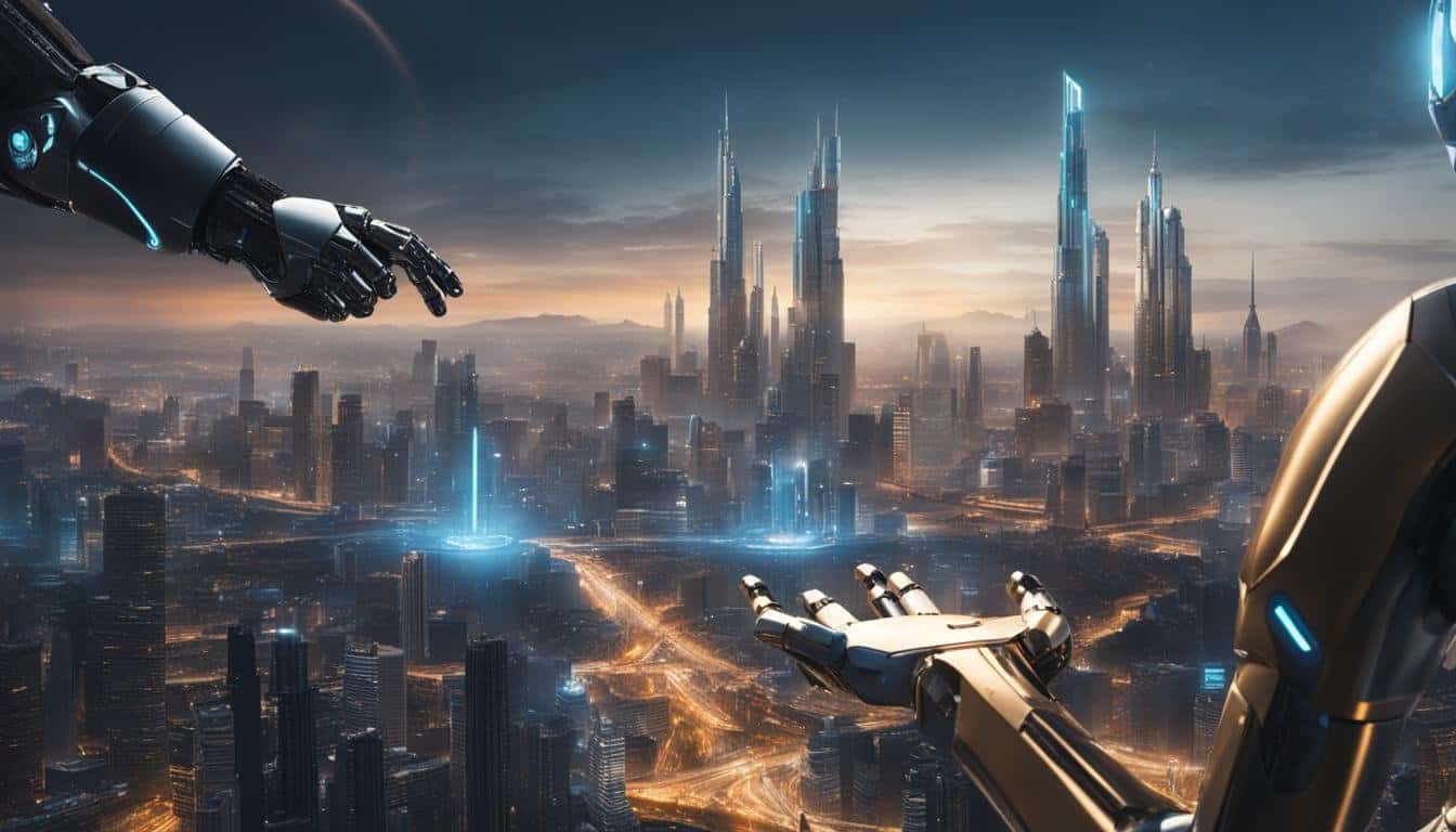 Two robotic arms connecting over a futuristic cityscape.