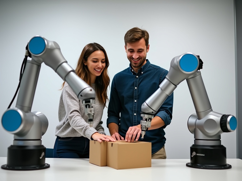 A man and woman interacting with robotic arms in a modern setting.