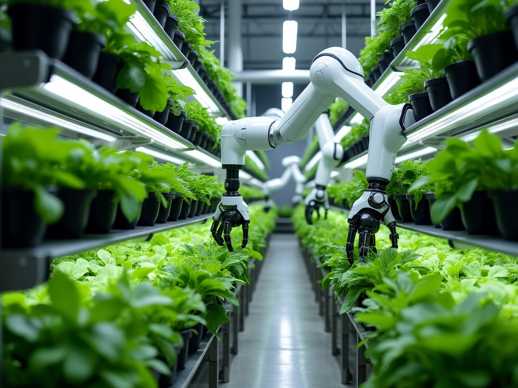 Robotic arms in a high-tech farming facility with green plants.