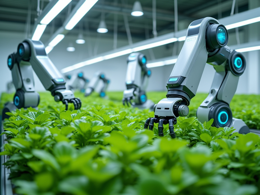 Robotic arms with blue accents caring for plants in a futuristic greenhouse.