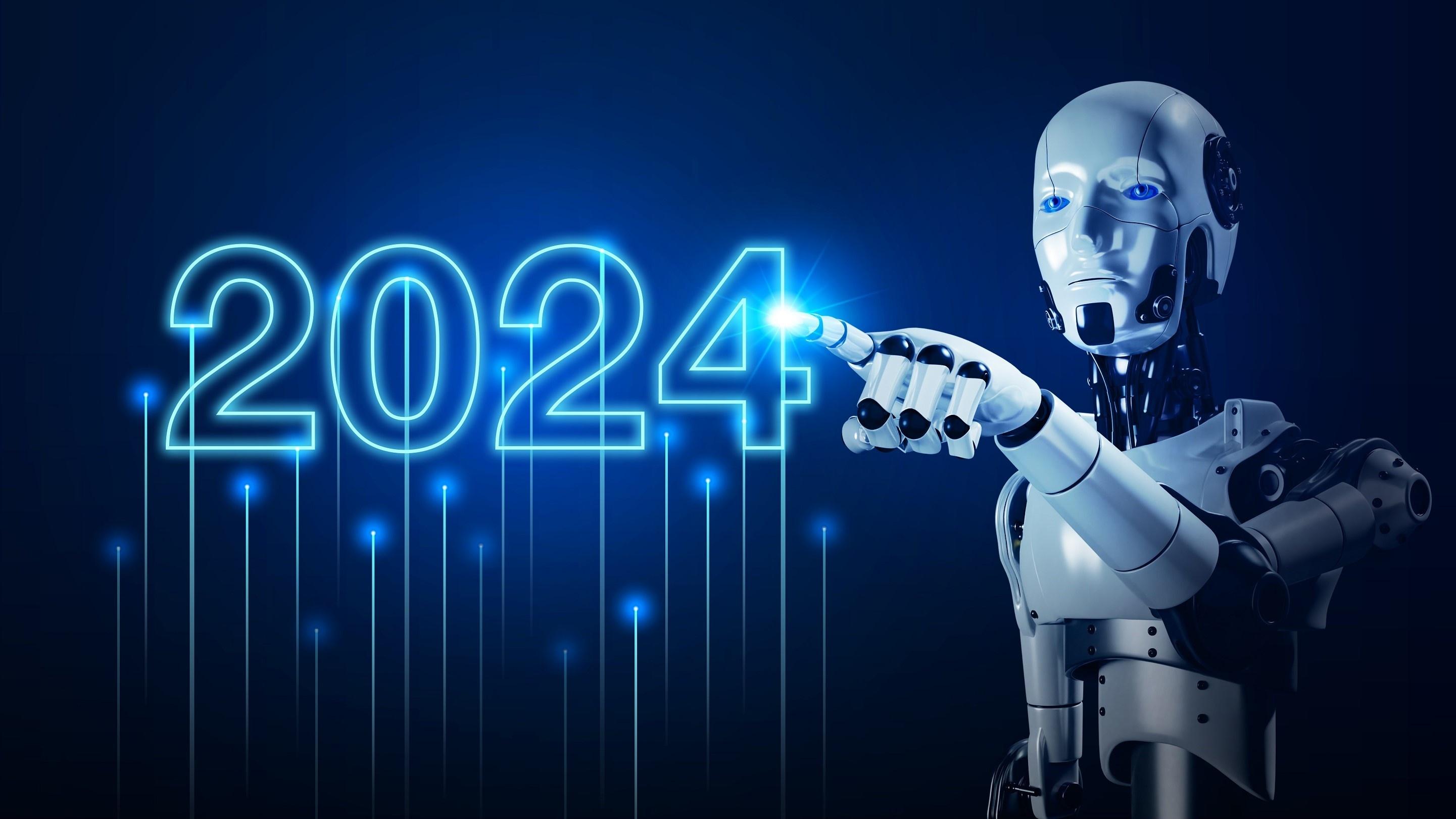 A futuristic robotic figure pointing at glowing numbers.