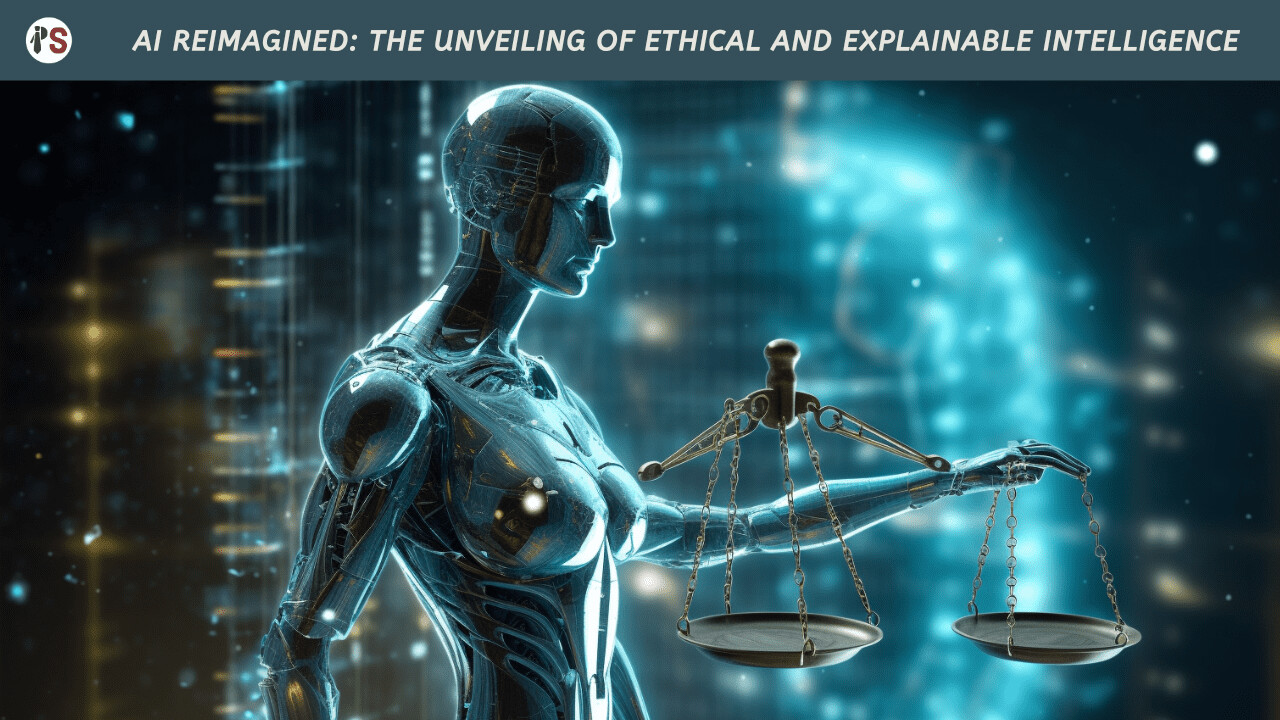 A futuristic robotic figure holding scales representing ethics in AI