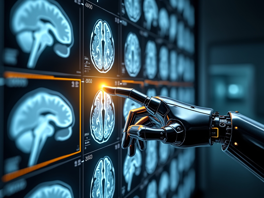 A robotic hand pointing at brain scan images on a display.