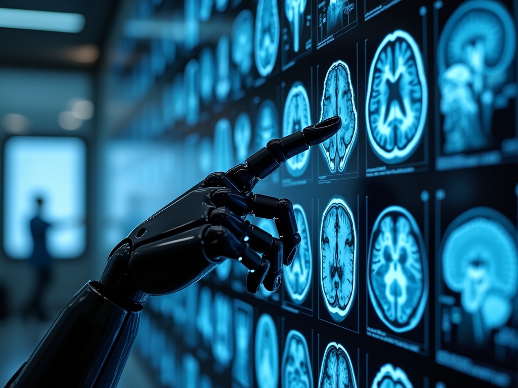 A robotic hand pointing at illuminated digital brain scans.