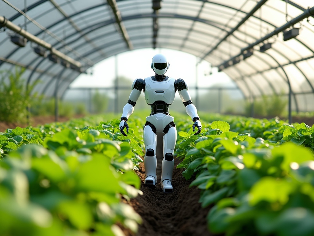 A white robotic harvester navigating green crops in a greenhouse.