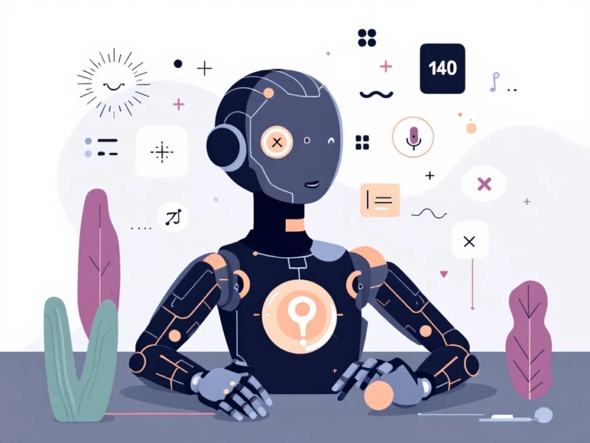 A clean, minimalist illustration depicting a robotic agent interacting with abstract shapes, symbolizing autonomous decision-making.