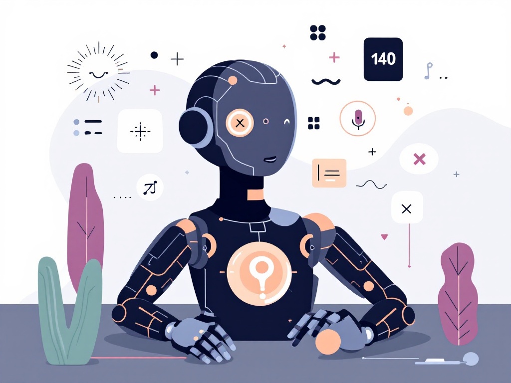 A clean, minimalist illustration depicting a robotic agent interacting with abstract shapes, symbolizing autonomous decision-making.
