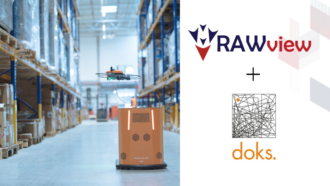 Robotic inventory management system with drone in warehouse