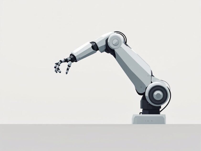 A sleek robotic arm rendered in grey against a minimalist background, showcasing precision and efficiency.