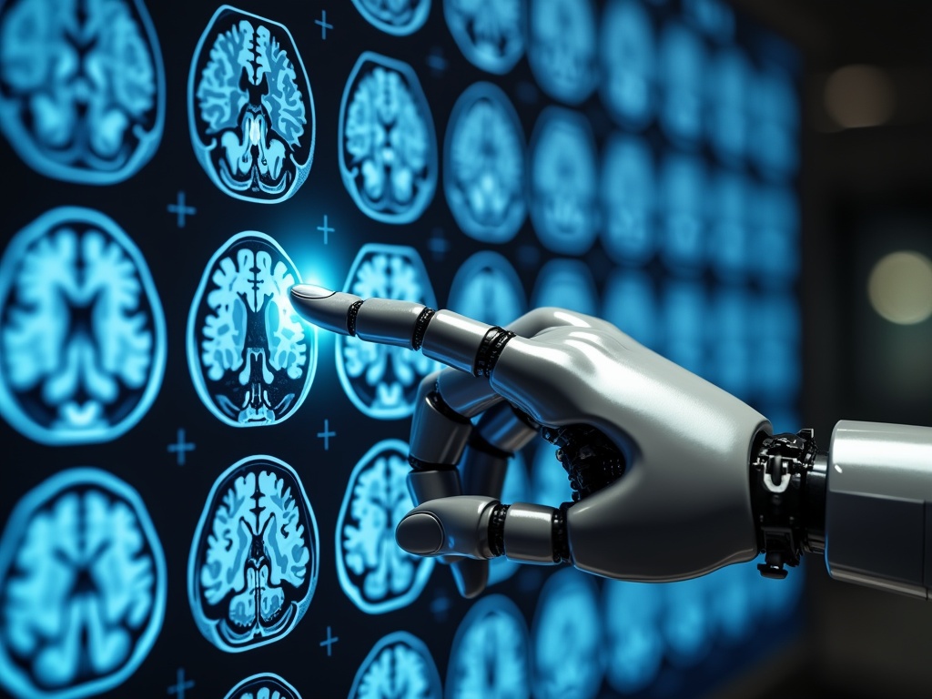 A robotic hand touches a display of brain scans highlighting a region.