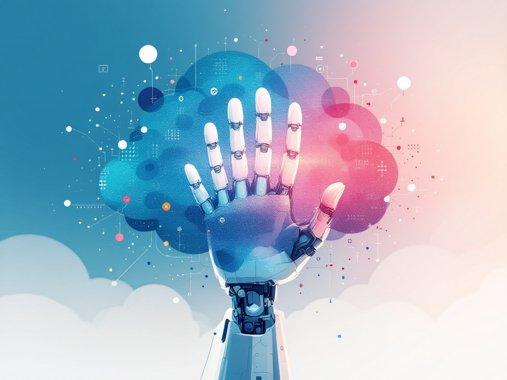A robotic hand emerging from a cloud of data elements, symbolizing the integration of technology into our lives.