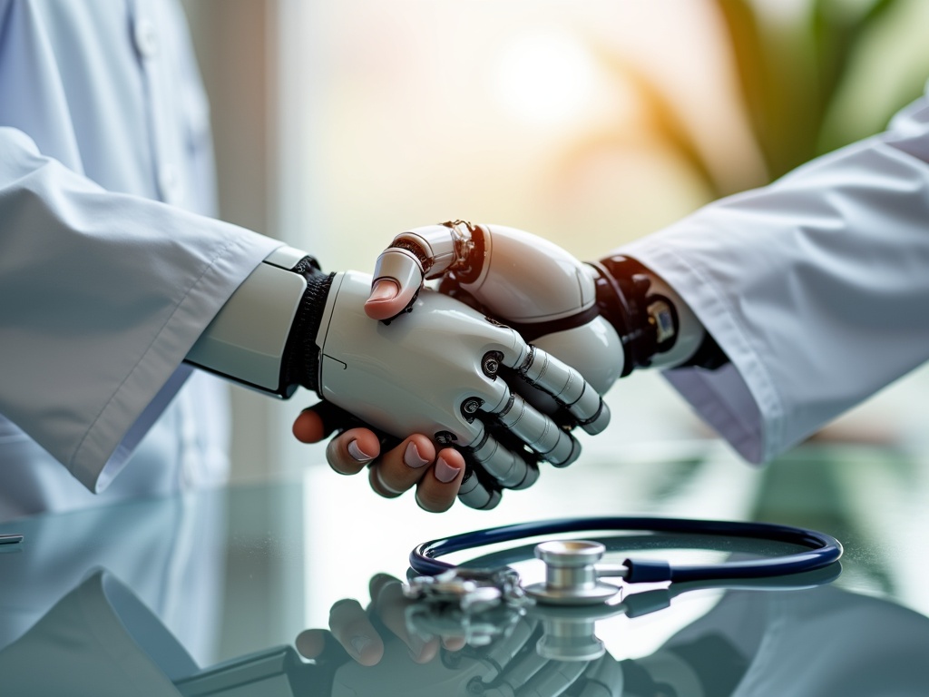 A robotic hand shaking hands with a human doctor in a medical setting.