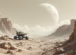 A robotic rover traversing rugged extraterrestrial terrain in a clean and modern landscape.