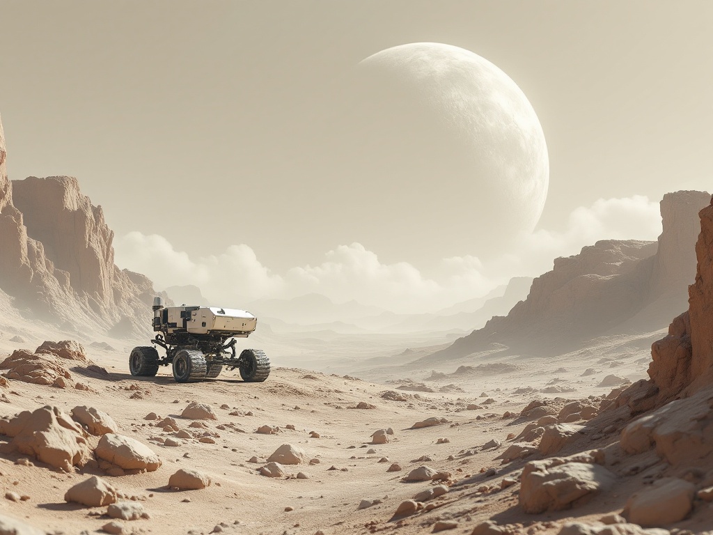 A robotic rover traversing rugged extraterrestrial terrain in a clean and modern landscape.