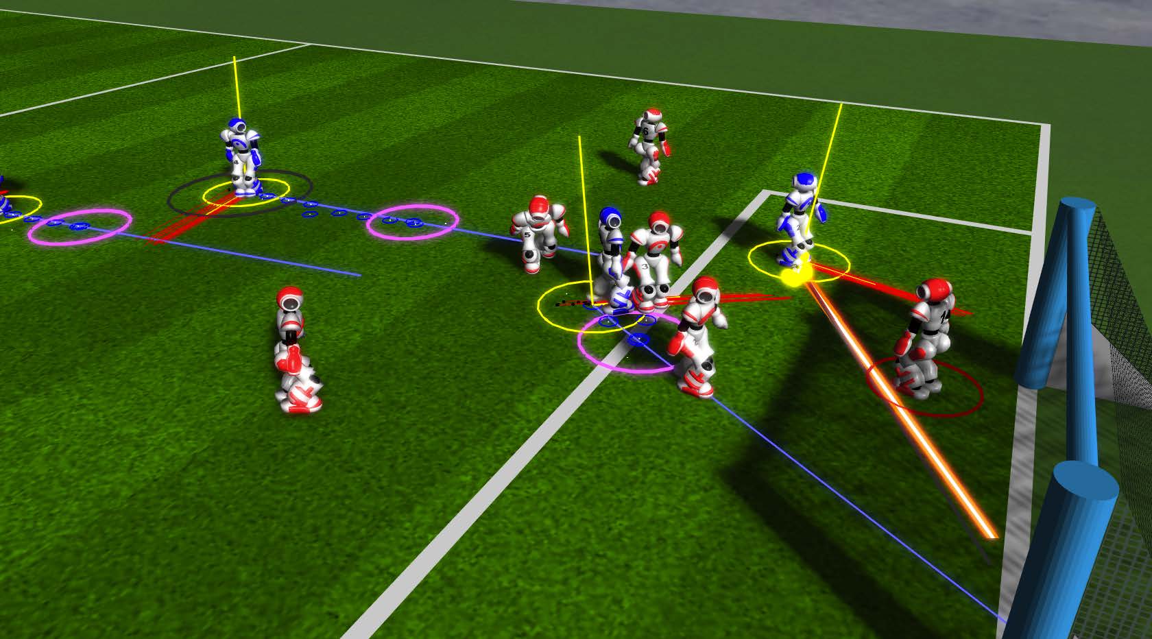 A group of robotic agents training in soccer on a grassy field.