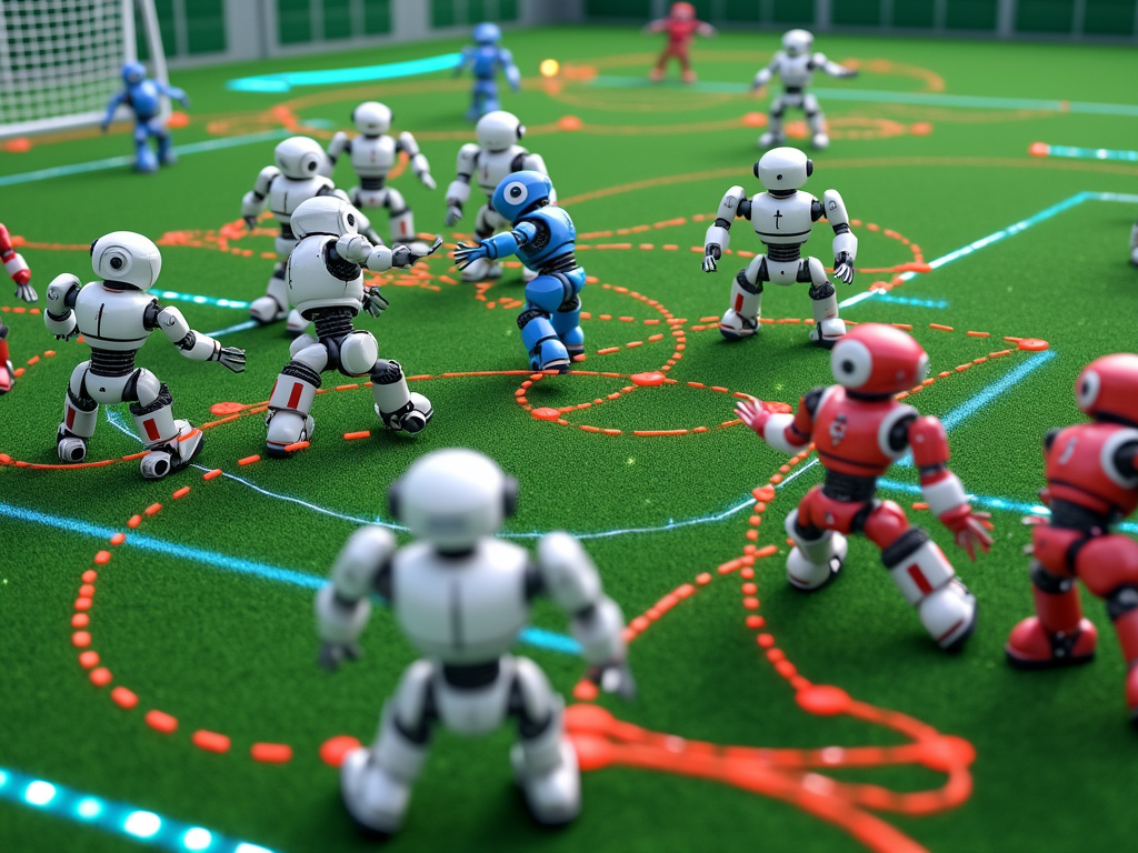 A group of robotic agents engaged in a simulated soccer game.