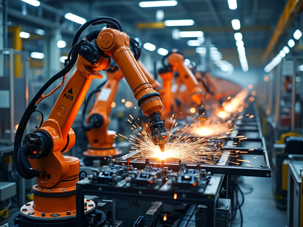 Numerous robotic arms working on assembly lines with advanced technology.