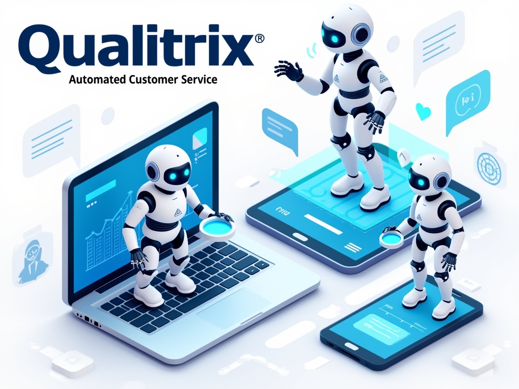 Illustration of three robots providing automated customer service.