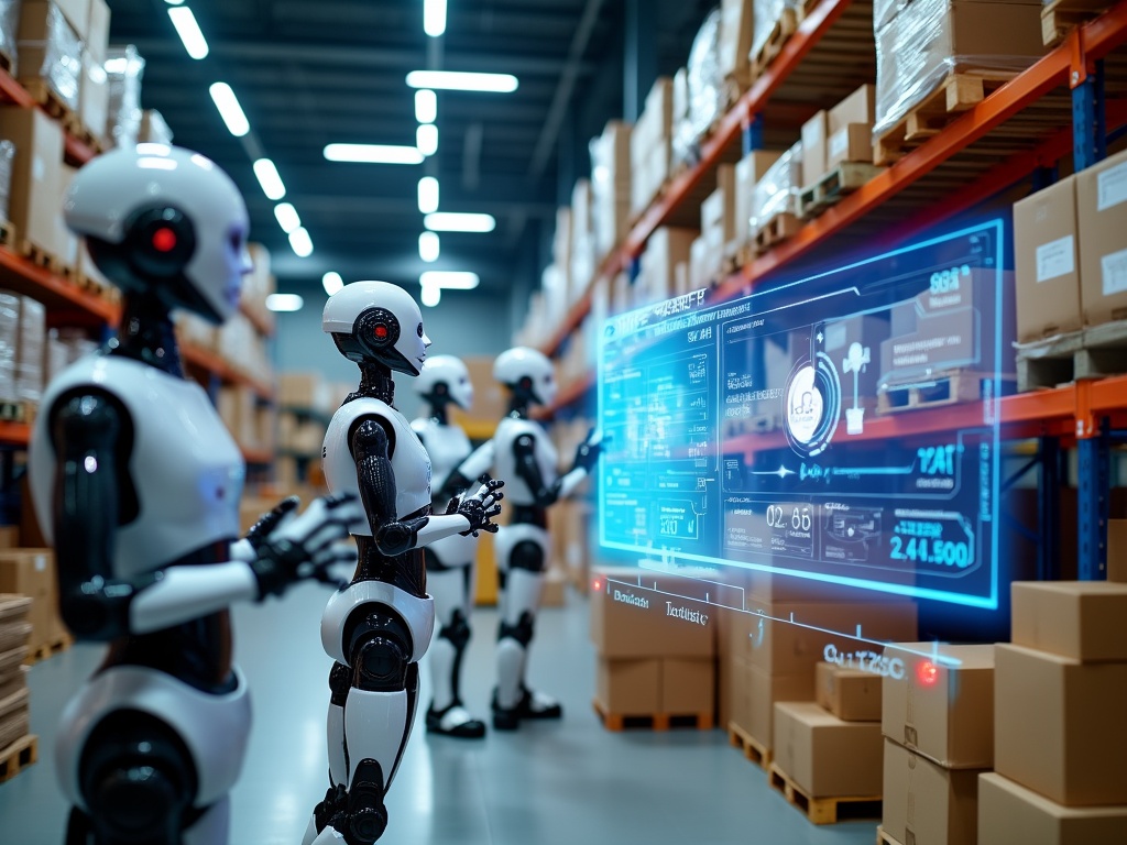 Robots interacting with a digital interface in a modern warehouse.